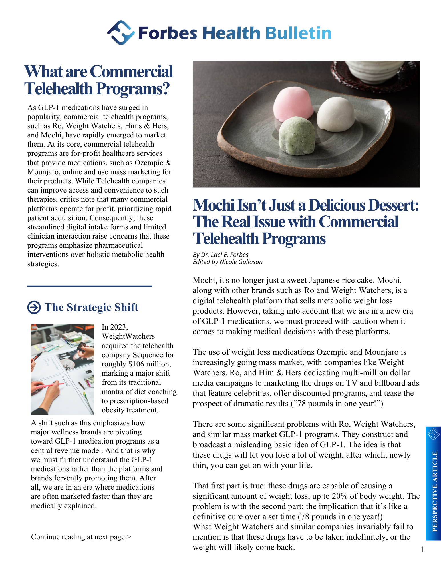 Forbes Health Bulletin article on commercial telehealth programs, edited by Nicole Gullason